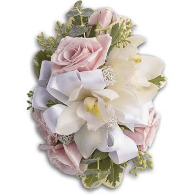 Pink roses and white orchids with a lavender ribbon