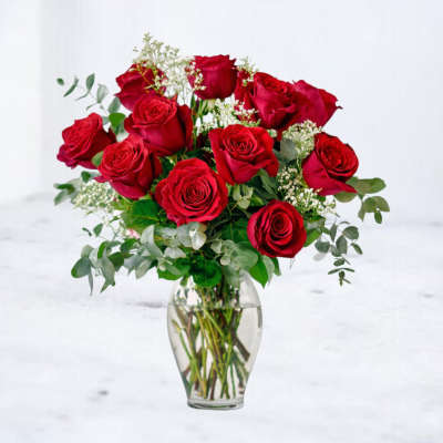Arrangement of long-stemmed red roses with white filler flowers in a clear glass vase.