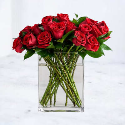 Red roses arranged in a clear rectangular glass vase