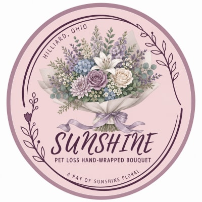 Round pink label with a pastel bouquet illustration and the word Sunshine.