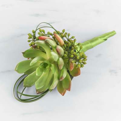 Green succulent bouquet with small buds and a satin-wrapped handle