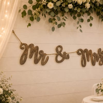Wedding backdrop with a "Mr & Mrs" sign and white floral arrangements