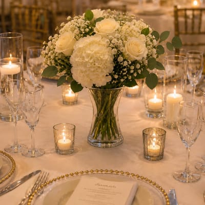 White rose and hydrangea centerpiece in a glass vase on a candlelit table