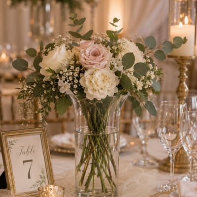 White and blush roses in a clear glass vase on a decorated table