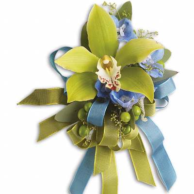 Green orchid corsage with blue flowers and ribbon streamers