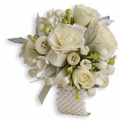 White rose bouquet with ribbon, buttons, and pearl accents