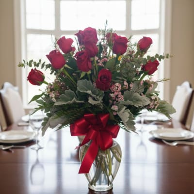Red roses arranged in a clear glass vase with a red ribbon