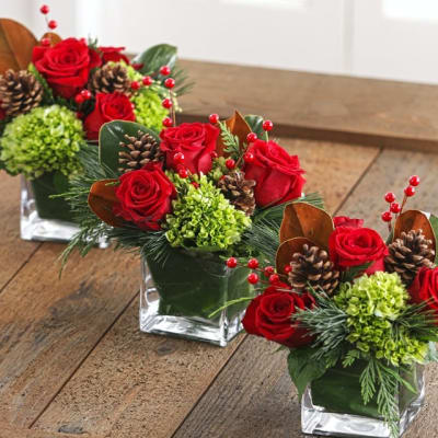 Three red rose arrangements in square glass vases with pinecones and berries