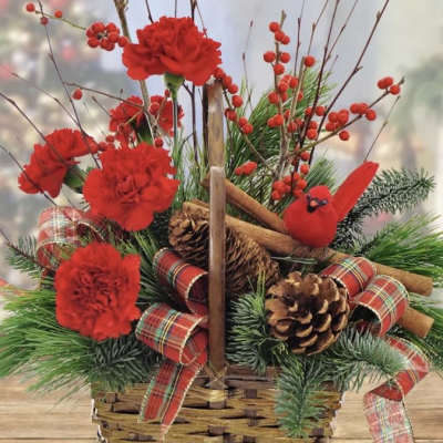 Red carnations in a basket with pinecones, plaid ribbon, and a red cardinal ornament