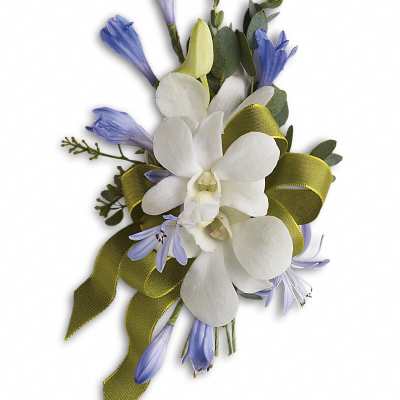 White orchid and blue accent flowers corsage with green ribbon