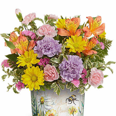Square vase of mixed yellow daisies, lavender and pink carnations, and orange alstroemeria.