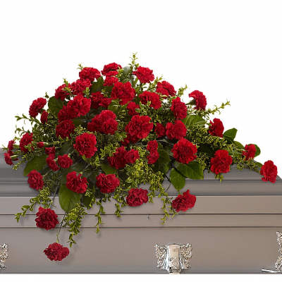 Low red carnation casket spray with trailing greenery on a gray casket
