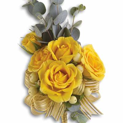 Yellow rose corsage with eucalyptus accents and gold ribbon loops.
