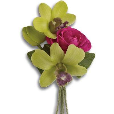Green orchids and a hot pink rose arranged as a boutonniere with wrapped stems