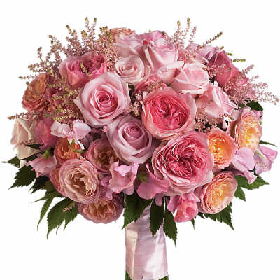 Hand-tied bouquet of pink and peach roses wrapped with pink satin ribbon