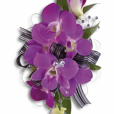 Purple orchid corsage with black and silver ribbon and crystal accents