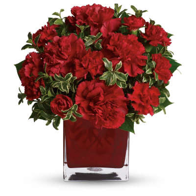 Arrangement of red carnations with variegated foliage in a red glass cube vase