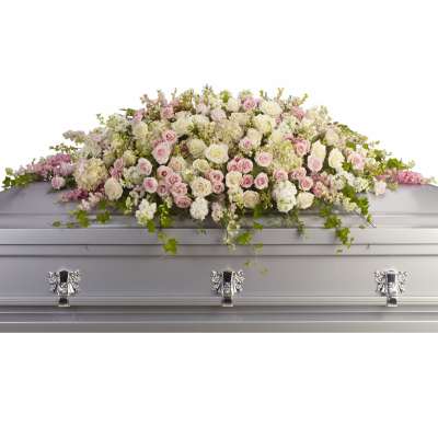 Long pastel pink and white rose casket spray draped over a silver casket