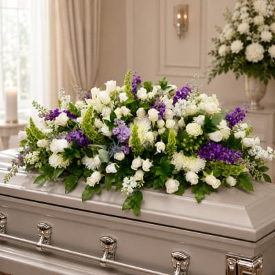 White and purple floral spray arranged on a casket
