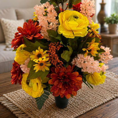 Artificial bouquet of red, yellow, and pink flowers in a black vase