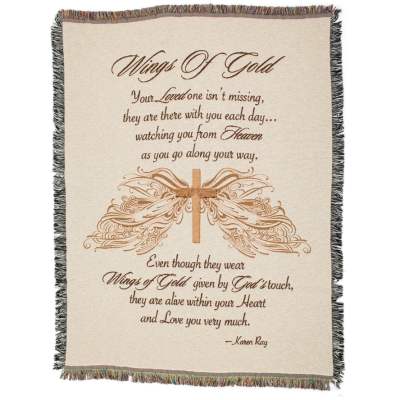 Fringed memorial throw blanket with angel wings and a sympathy poem