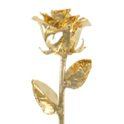 Single gold-colored rose stem with metallic leaves