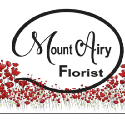Mount Airy Florist logo with red flowers along the bottom