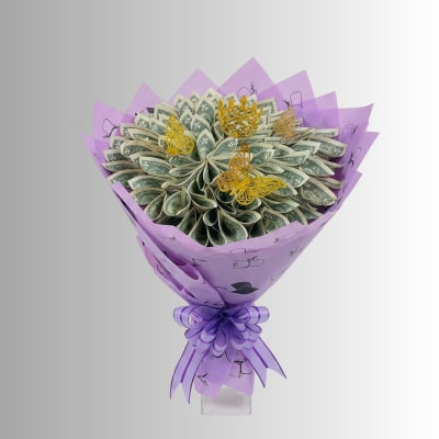 Bouquet made of folded dollar bills with purple wrapping and ribbon