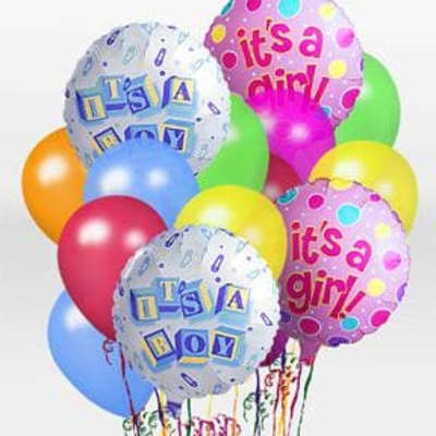 Cluster of colorful balloons with baby shower messages