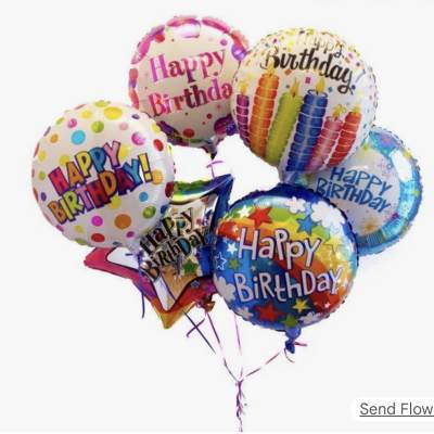 Cluster of colorful birthday balloons with "Happy Birthday" text