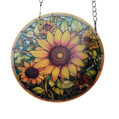 Round sunflower stained-glass hanging panel with a chain