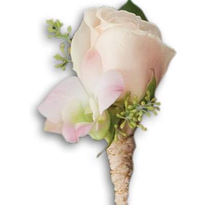 Small white and blush boutonniere with green accents