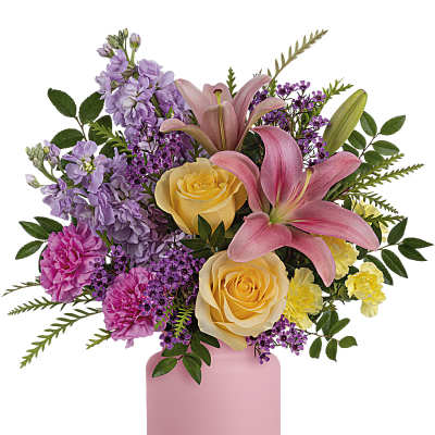 Pink lilies and yellow roses in a pink vase