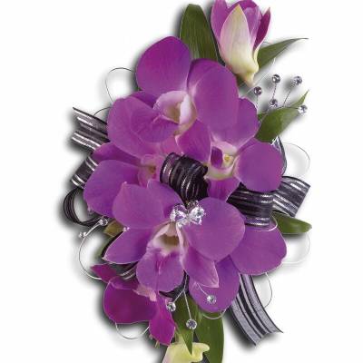 Purple orchid corsage with black ribbon and crystal accents