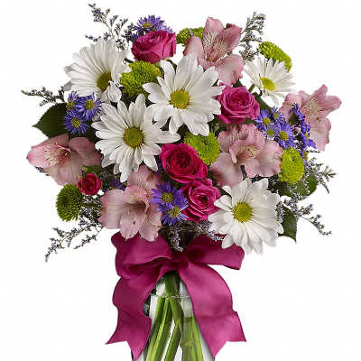 Bouquet of daisies, roses, and pink alstroemeria in a glass vase with a magenta ribbon