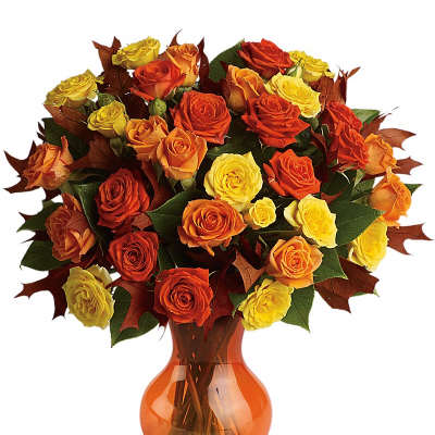 Bouquet of orange and yellow roses in an orange glass vase