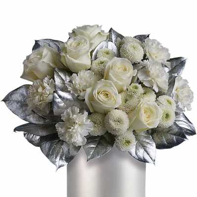 White roses and mums in a silver vase