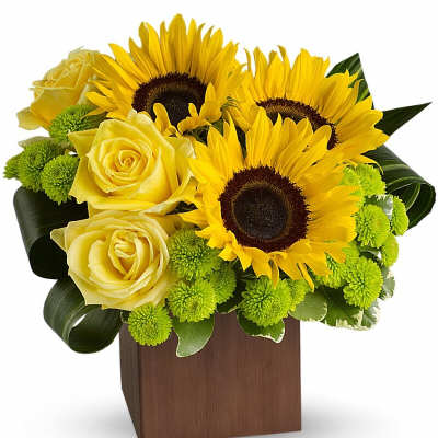 Yellow sunflowers and roses in a wooden cube vase