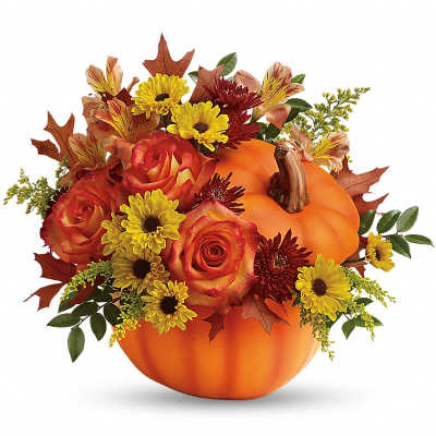 Pumpkin-shaped arrangement with roses and daisies