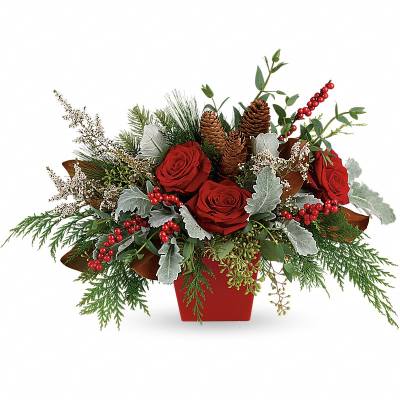 Red roses in a red container with pinecones and berries