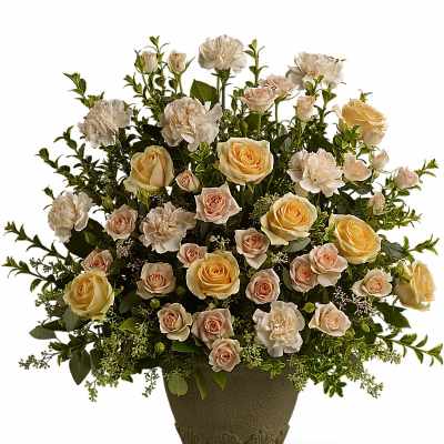 Cream and pale yellow roses with white carnations in a decorative vase