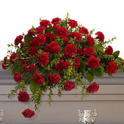 Large red carnation arrangement with trailing greenery on a casket