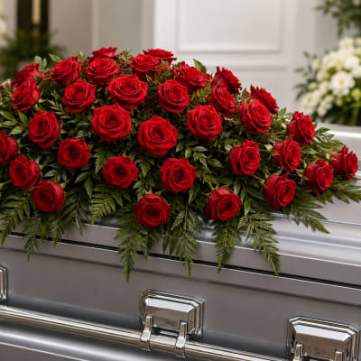 Red roses arranged on top of a silver casket