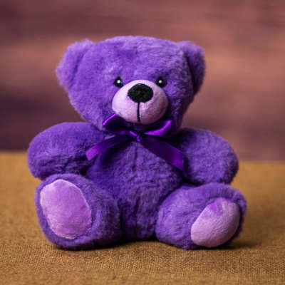 Purple teddy bear with a matching ribbon sitting on a fabric surface