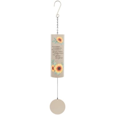 Hanging sunflower wind chime with a beige metal tube and round pendant