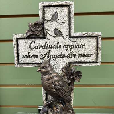 Decorative memorial cross with a cardinal and quote