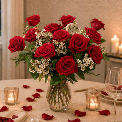Red roses and small white flowers arranged in a glass vase on a candlelit table.