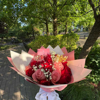 Handheld bouquet of red and pink roses with baby's breath in pink wrapping