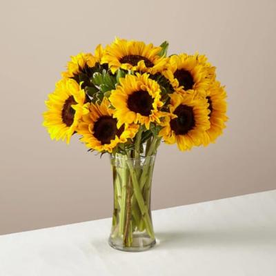 Bouquet of sunflowers in a clear glass vase