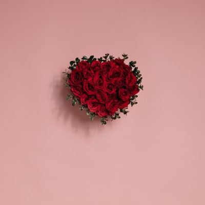 Heart-shaped bouquet of red roses with greenery on a pink background